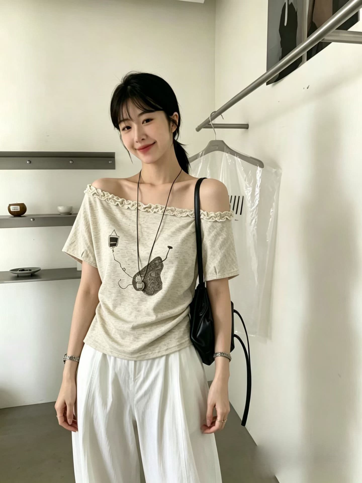 26 년 새로운 목이버섯 레이스 비스듬한 어깨 의류 상세 이미지 5