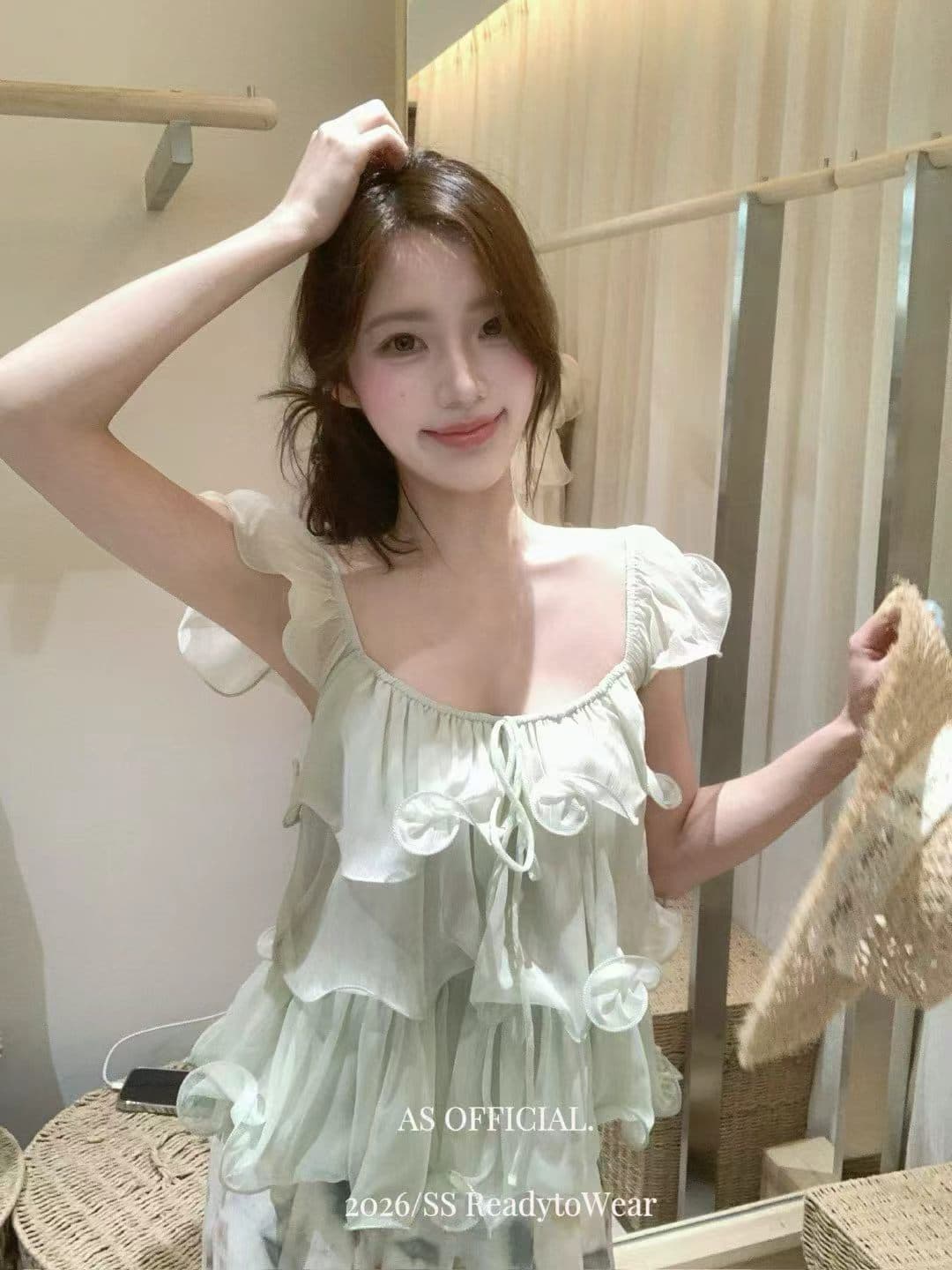 부드러운 달콤한 스타일 u 칼라 프릴 여성 셔츠 프랑스식 순수한 욕망 품격 루즈핏 슬림해 보이는 다용도 작은 날다 소매 맨위 상세 이미지 5