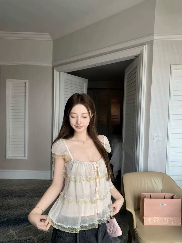 작은 날다 소매 광장 칼라 쉬폰 캐미솔 여름 외출용 프랑스식 슬림해 보이는 디자인 센스 아름다운 프릴 맨위 이미지 3