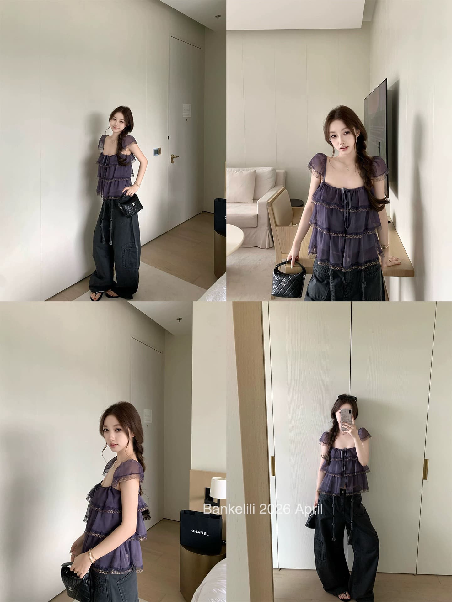 작은 날다 소매 광장 칼라 쉬폰 캐미솔 여름 외출용 프랑스식 슬림해 보이는 디자인 센스 아름다운 프릴 맨위 상세 이미지 4