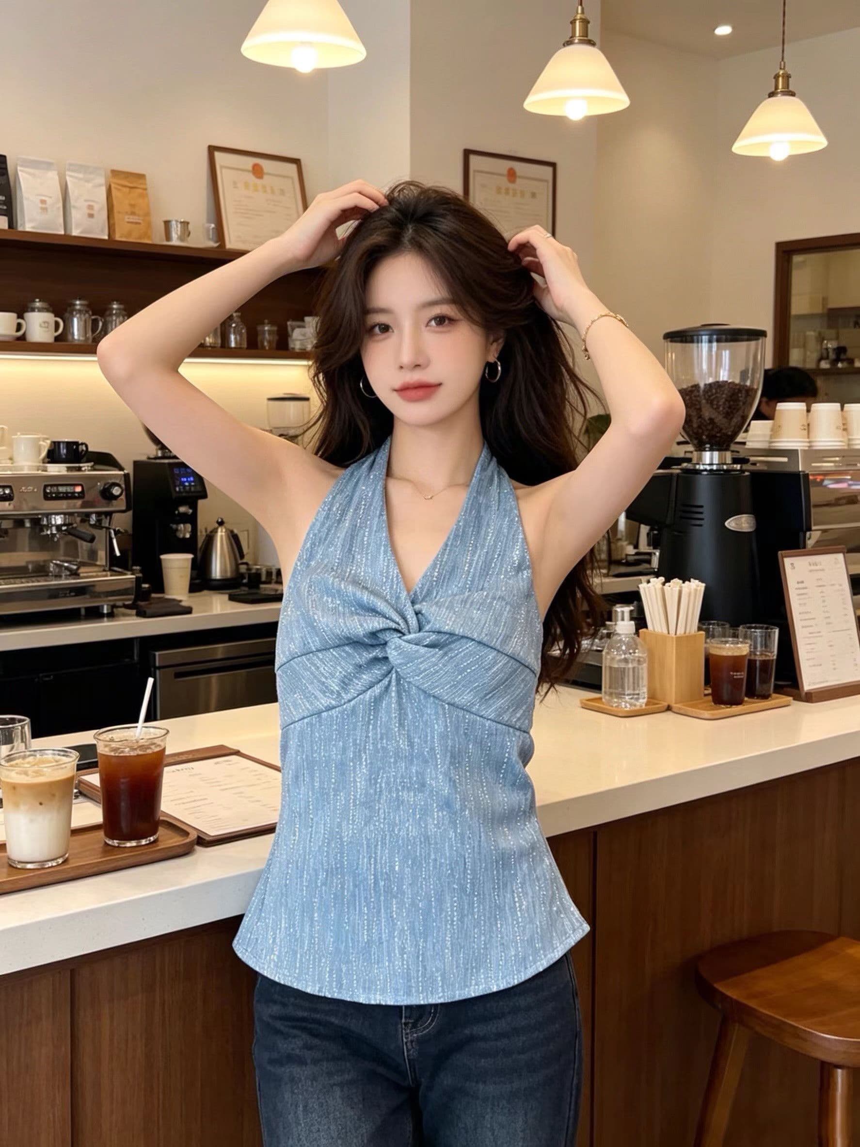 한 부서 순수한 욕망 행침 목 비틀림 다이아몬드 세팅 캐미솔 여름 섹시함 핫걸 바람 백리스 디자인 센스 민소매 맨위 이미지 2