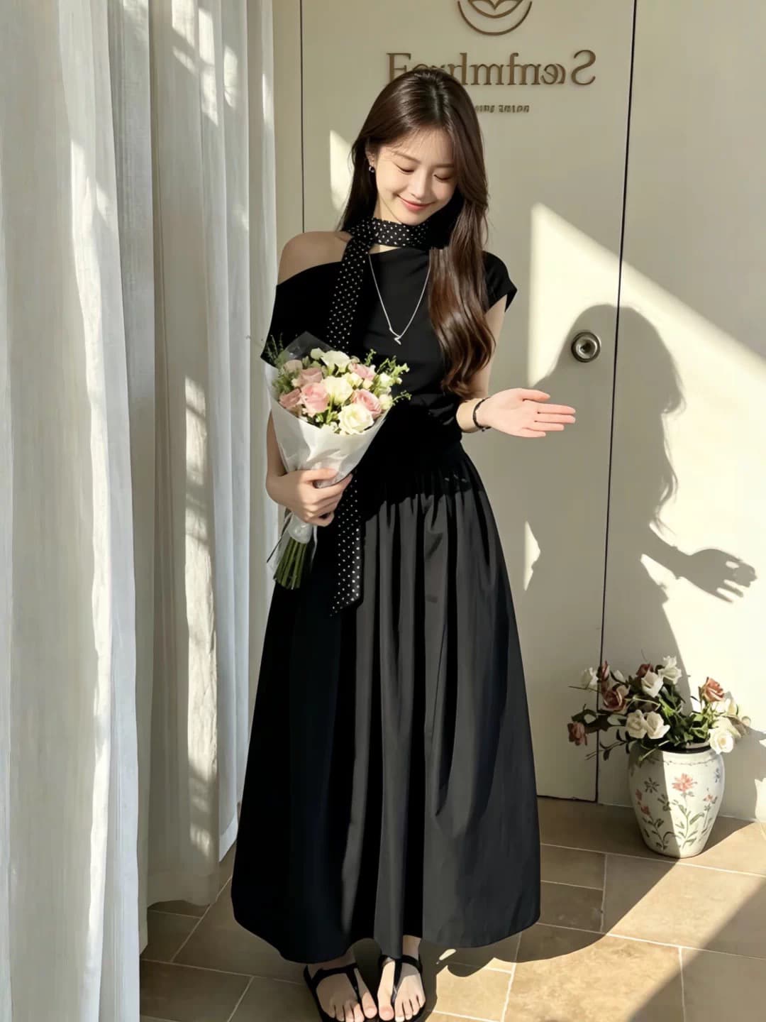 한 부서 부드러운 윈디 치마 반팔 드레스 2026 여름 새로운 품격 허리 수축 중간 길이 패치워크 롱 스커트 이미지 4