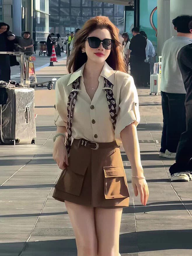 홍콩 느낌 레트로 빛 요리 한 바람 스카프 폴로 칼라 셔츠 워크웨어 반바지 패션 세트 여성 여름 슬림해 보이는 품격 투피스 세트 이미지 2