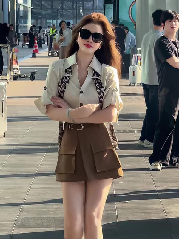 홍콩 느낌 레트로 빛 요리 한 바람 스카프 폴로 칼라 셔츠 워크웨어 반바지 패션 세트 여성 여름 슬림해 보이는 품격 투피스 세트 이미지 4