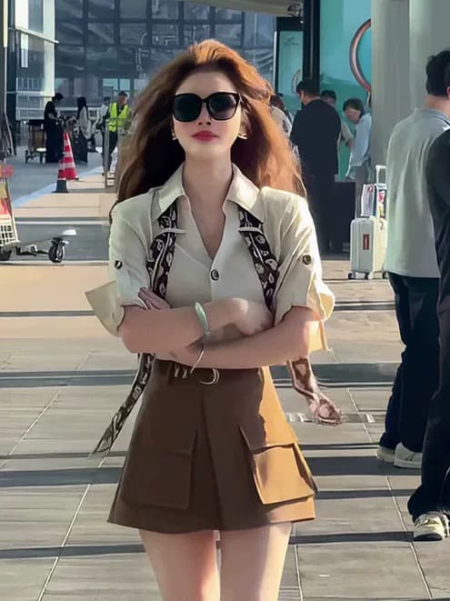 홍콩 느낌 레트로 빛 요리 한 바람 스카프 폴로 칼라 셔츠 워크웨어 반바지 패션 세트 여성 여름 슬림해 보이는 품격 투피스 세트 상세 이미지 3