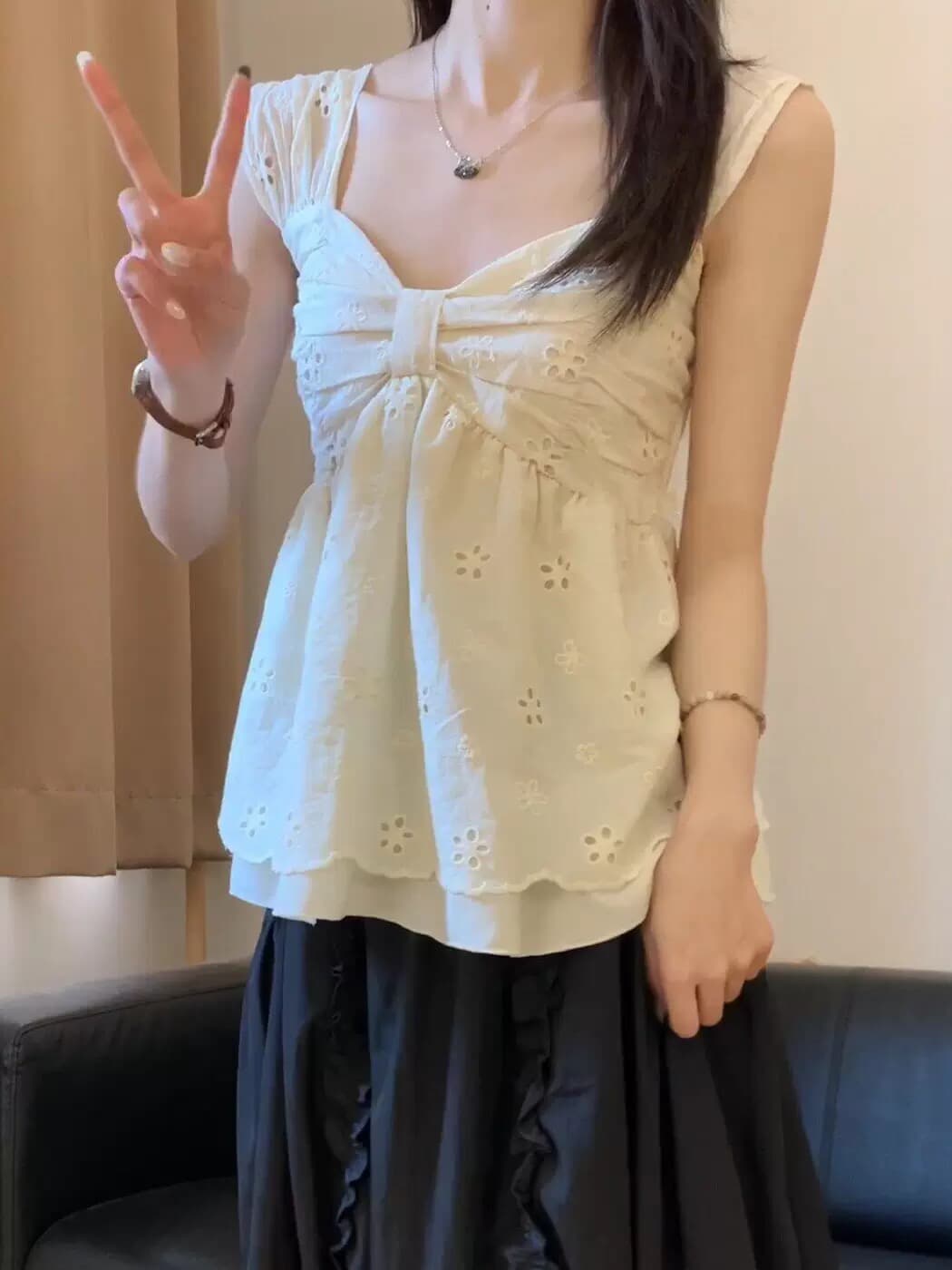 한 부서 달콤한 스타일 홀로우 아웃 꽃 슬립 민소매 여성 셔츠 여름 새로운 연령 감소 레이스 측면 인형 셔츠 맨위 상세 이미지 1