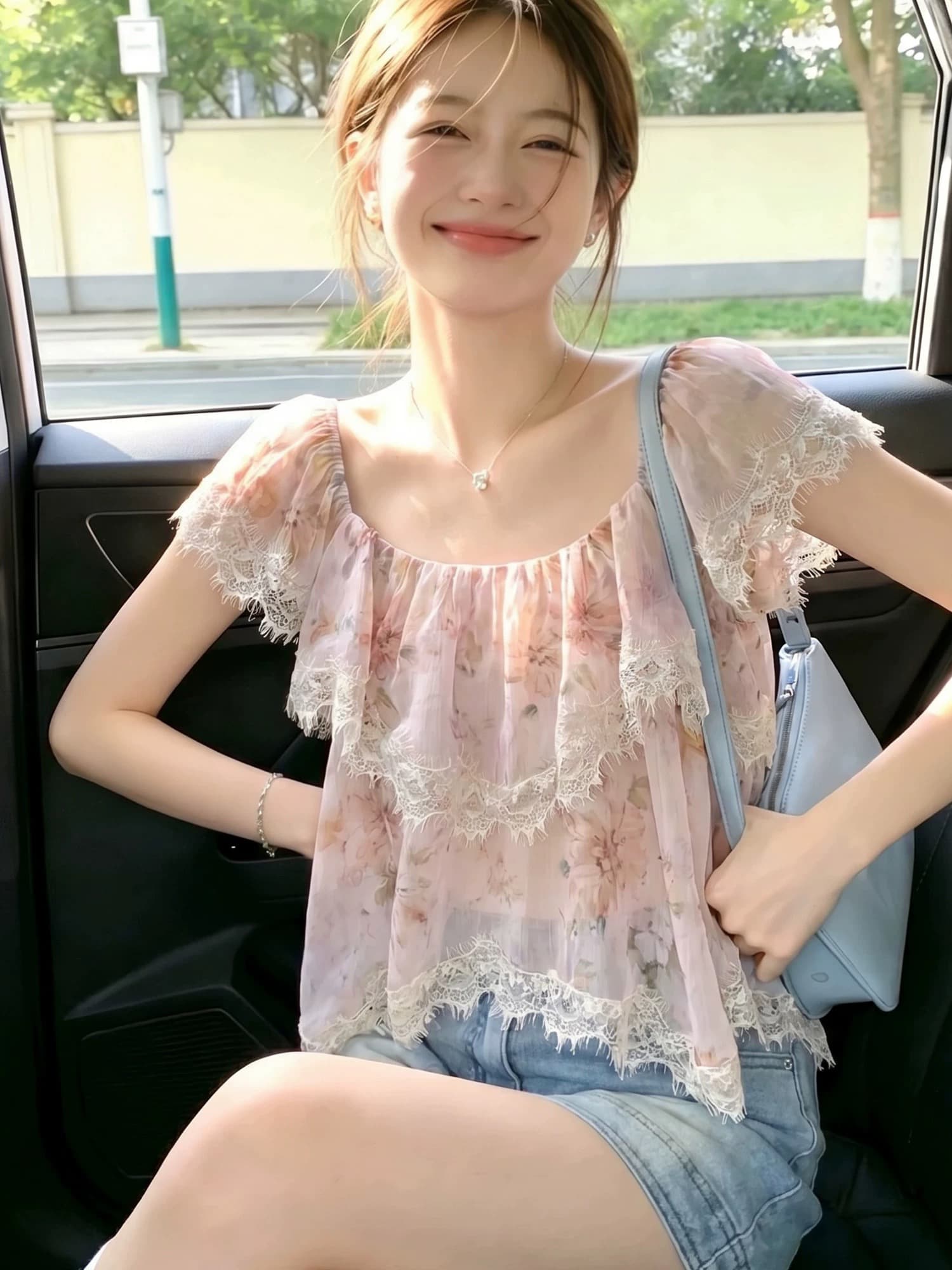 불규칙 꽃무늬 레이스 쉬폰 여성 셔츠 여름 순수한 욕망 핫걸 광장 칼라 작은 날다 소매 맨위 자이언트 잘 생긴 셔츠 이미지 4