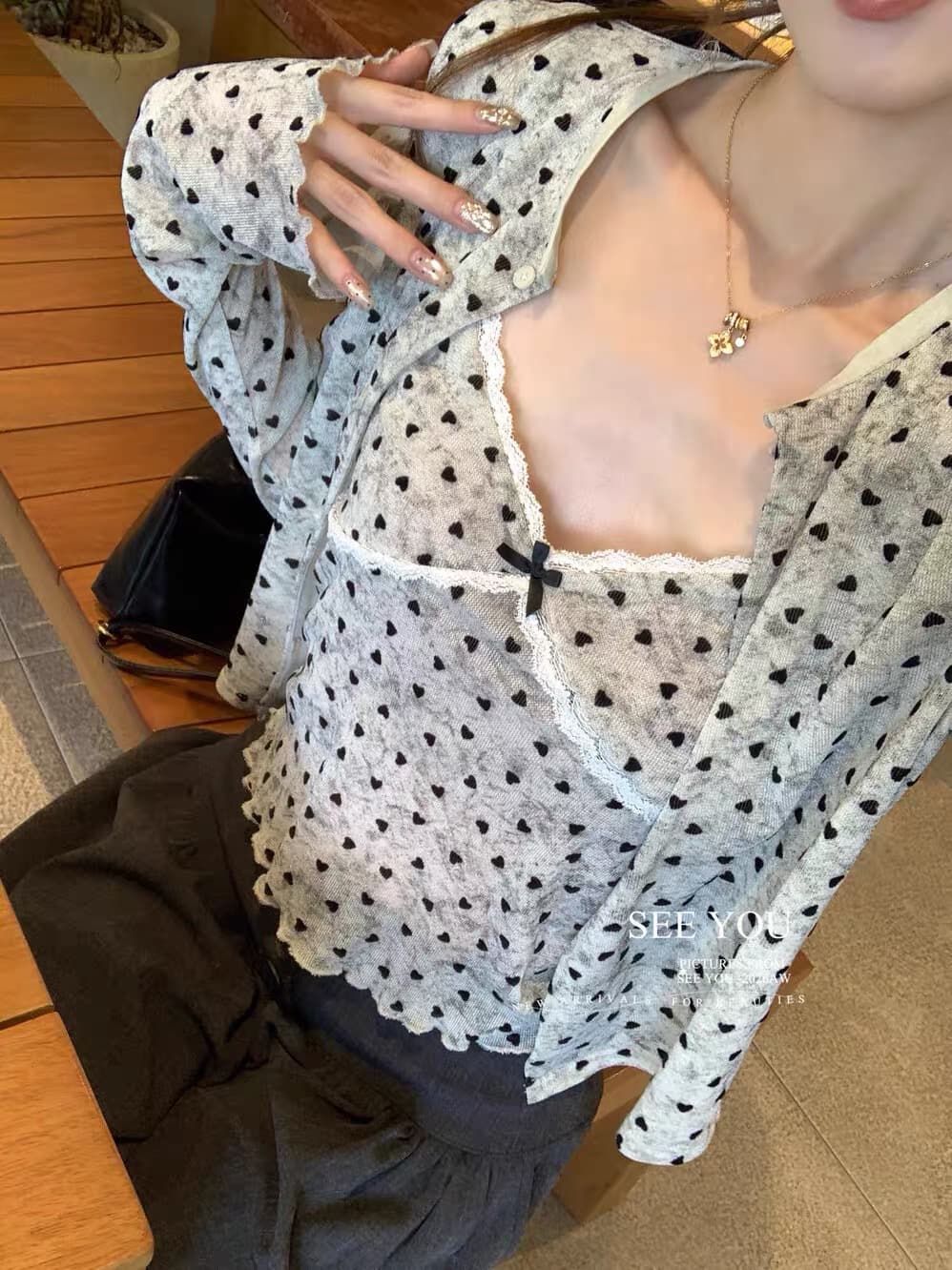 see you 순수한 욕망 바람 헤일로 염색 하트 프린트 식물 플러시 레이스 슬립 자외선 차단 오픈 가디건 투피스 세트 세트 26368 이미지 2