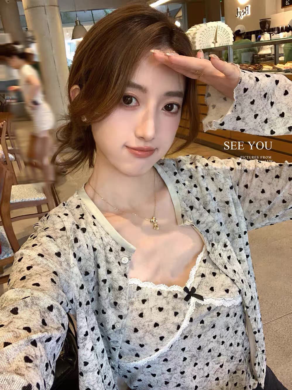 see you 순수한 욕망 바람 헤일로 염색 하트 프린트 식물 플러시 레이스 슬립 자외선 차단 오픈 가디건 투피스 세트 세트 26368 이미지 3