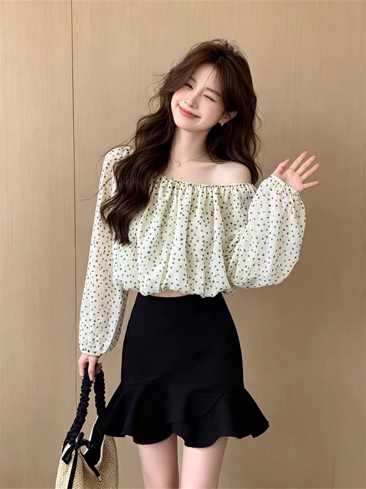 프랑스식 레트로 레오파드 무늬 오프숄더 긴팔 시폰 셔츠 여성 순수한 욕망 바람 섹시함 핫걸 쇼트 스타일 오프숄더 셔츠 맨위 상세 이미지 2