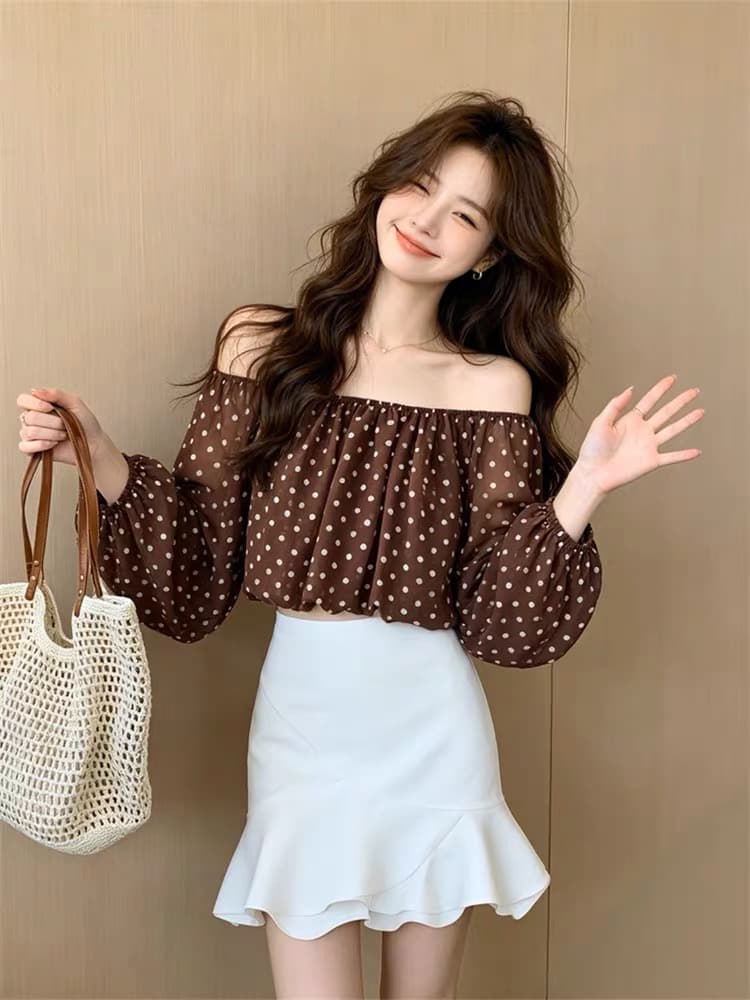프랑스식 레트로 레오파드 무늬 오프숄더 긴팔 시폰 셔츠 여성 순수한 욕망 바람 섹시함 핫걸 쇼트 스타일 오프숄더 셔츠 맨위 상세 이미지 3