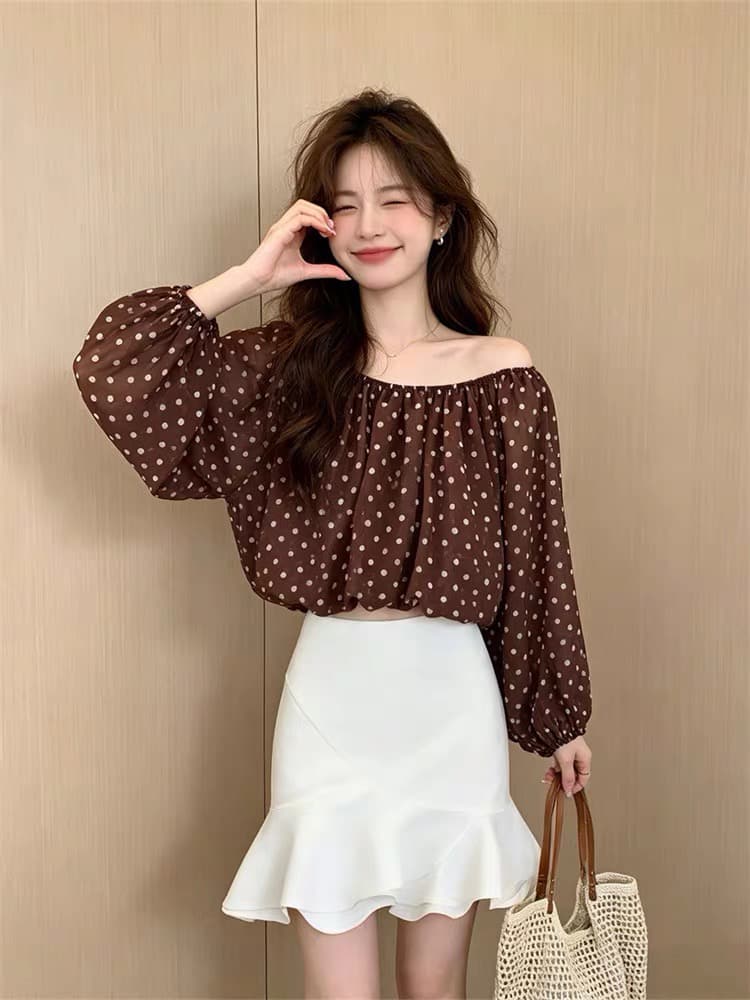 프랑스식 레트로 레오파드 무늬 오프숄더 긴팔 시폰 셔츠 여성 순수한 욕망 바람 섹시함 핫걸 쇼트 스타일 오프숄더 셔츠 맨위 상세 이미지 5