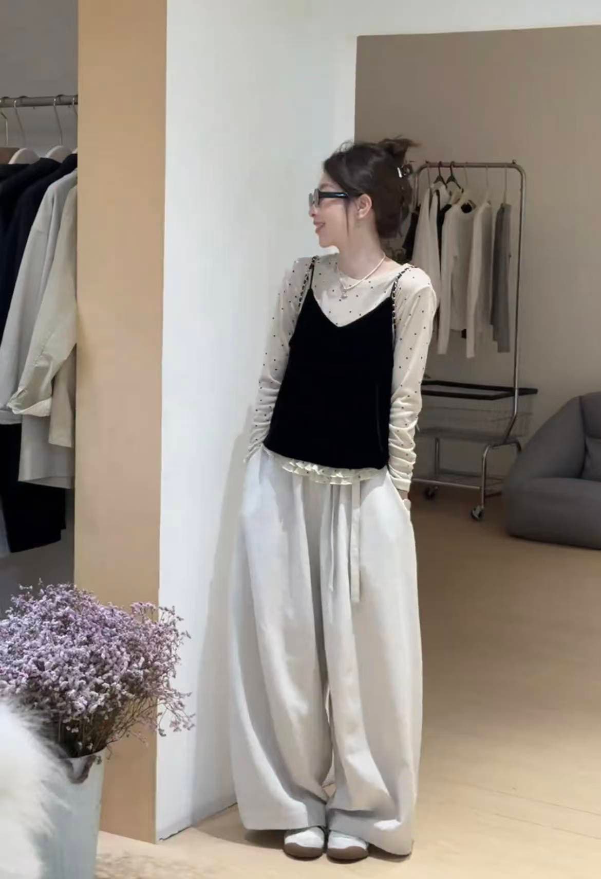 있음 선적 가을 새로운 캐주얼 품격 도트 무늬 베스트 만나는 투피스 세트 이미지 4