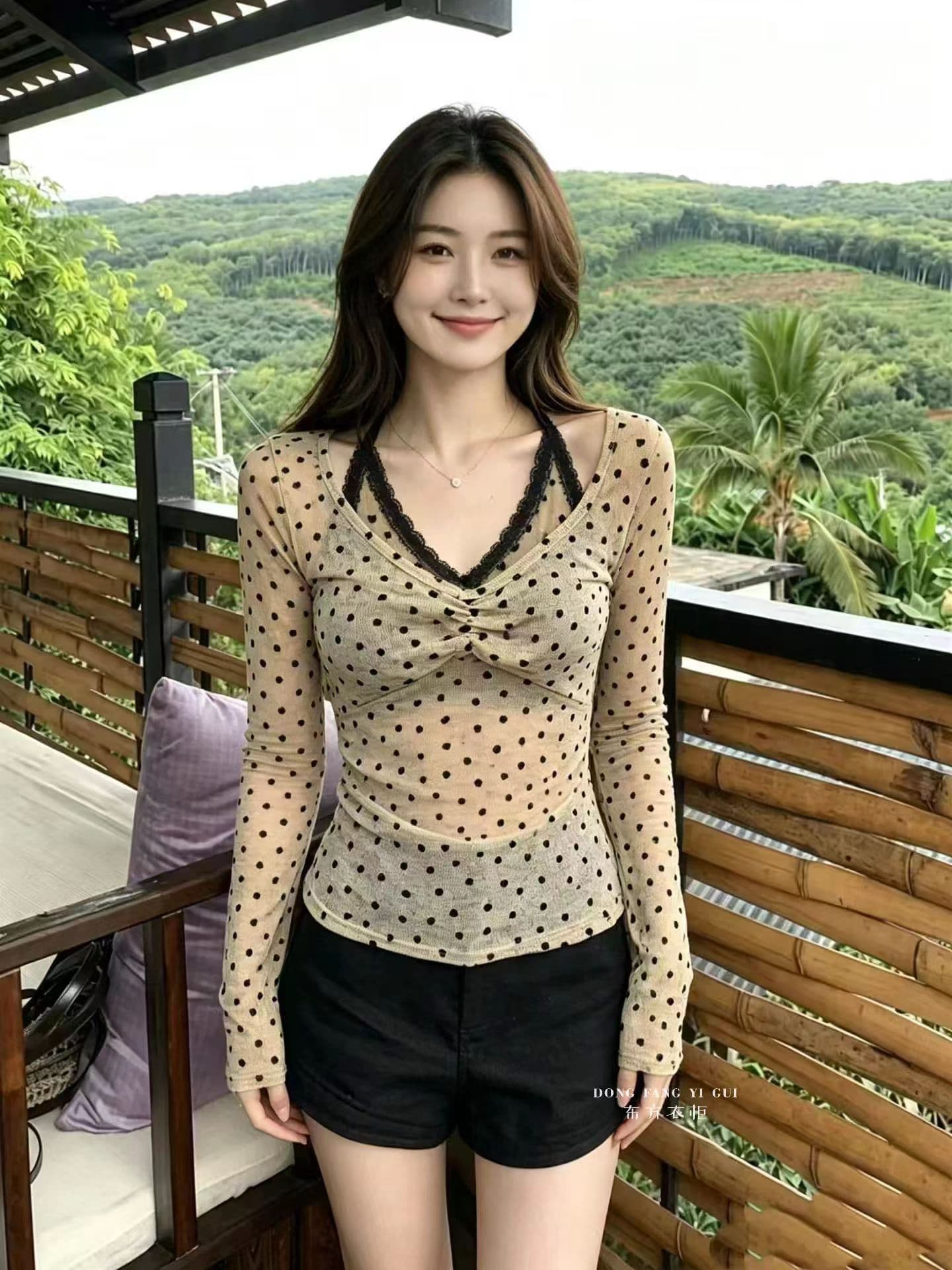 빅 사이즈 통통한 여동생 캐주얼 바람 도트 무늬 레이스 행침 목 페이크 레이어드 긴팔 여름 새로운 코치 miu 첨부 된 의류 이미지 2
