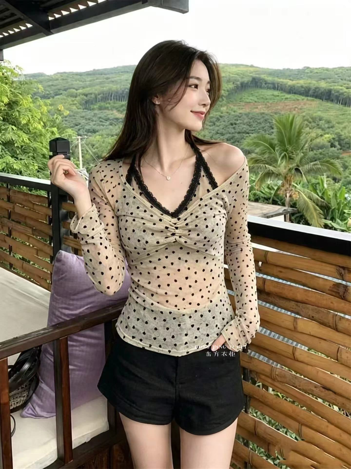 빅 사이즈 통통한 여동생 캐주얼 바람 도트 무늬 레이스 행침 목 페이크 레이어드 긴팔 여름 새로운 코치 miu 첨부 된 의류 상세 이미지 1