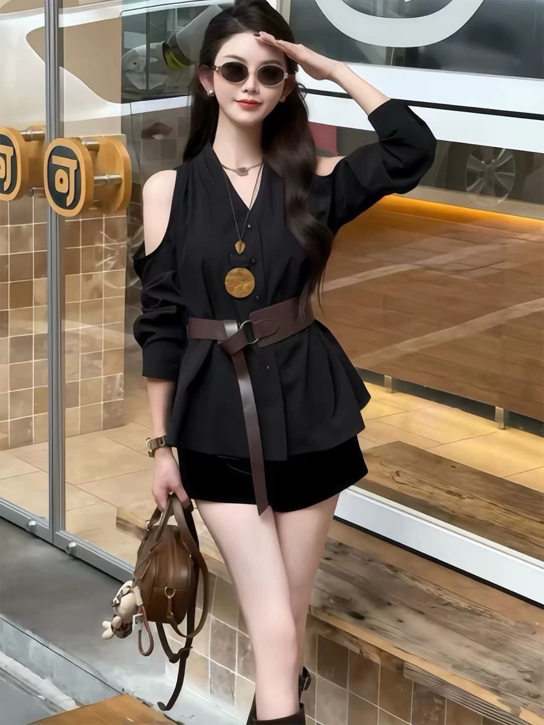 한 부서 디자인 센스 불규칙 오프숄더 긴팔 여성 셔츠 작은 키 자이언트 잘 생긴 ~ 중 이른 가을 허리 수축 슬림해 보이는 맨위 이미지 3