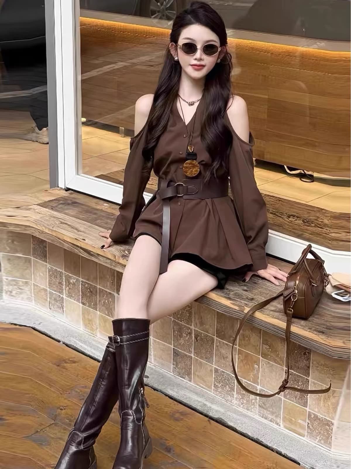 한 부서 디자인 센스 불규칙 오프숄더 긴팔 여성 셔츠 작은 키 자이언트 잘 생긴 ~ 중 이른 가을 허리 수축 슬림해 보이는 맨위 상세 이미지 2
