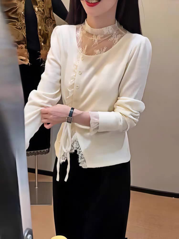 레이스 조각 긴팔 티셔츠 여성 2026 년 새로운 이른 가을 chic Chic 맨위 작은 대중 아니요 명중 섹션 기본 셔츠 상세 이미지 2