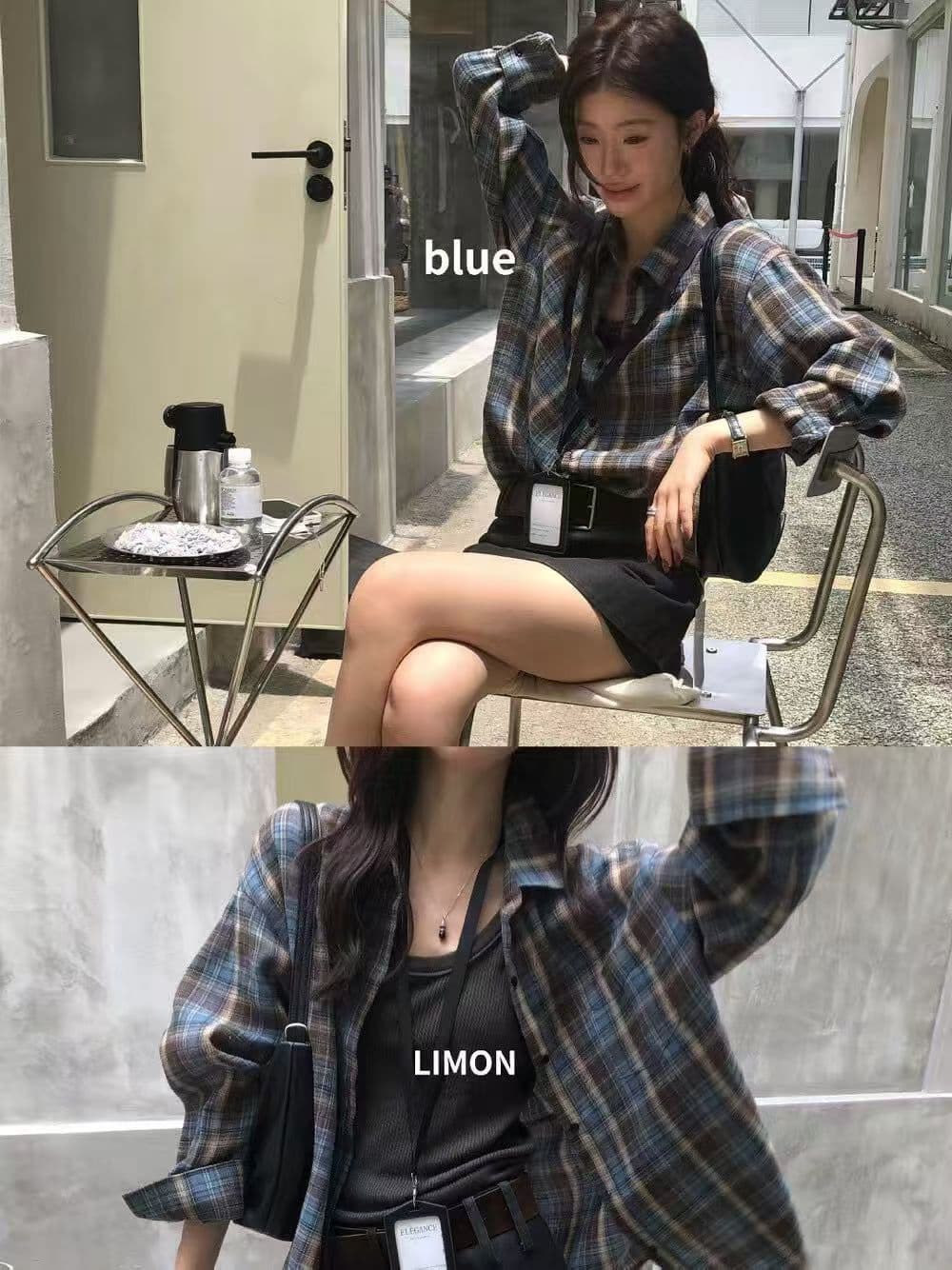파란색 체크무늬 긴팔 셔츠 가을 새로운 다용도 루즈핏 셔츠 여성 레저 디자인 센스 폴로 칼라 맨위 오픈 가디건 상세 이미지 2