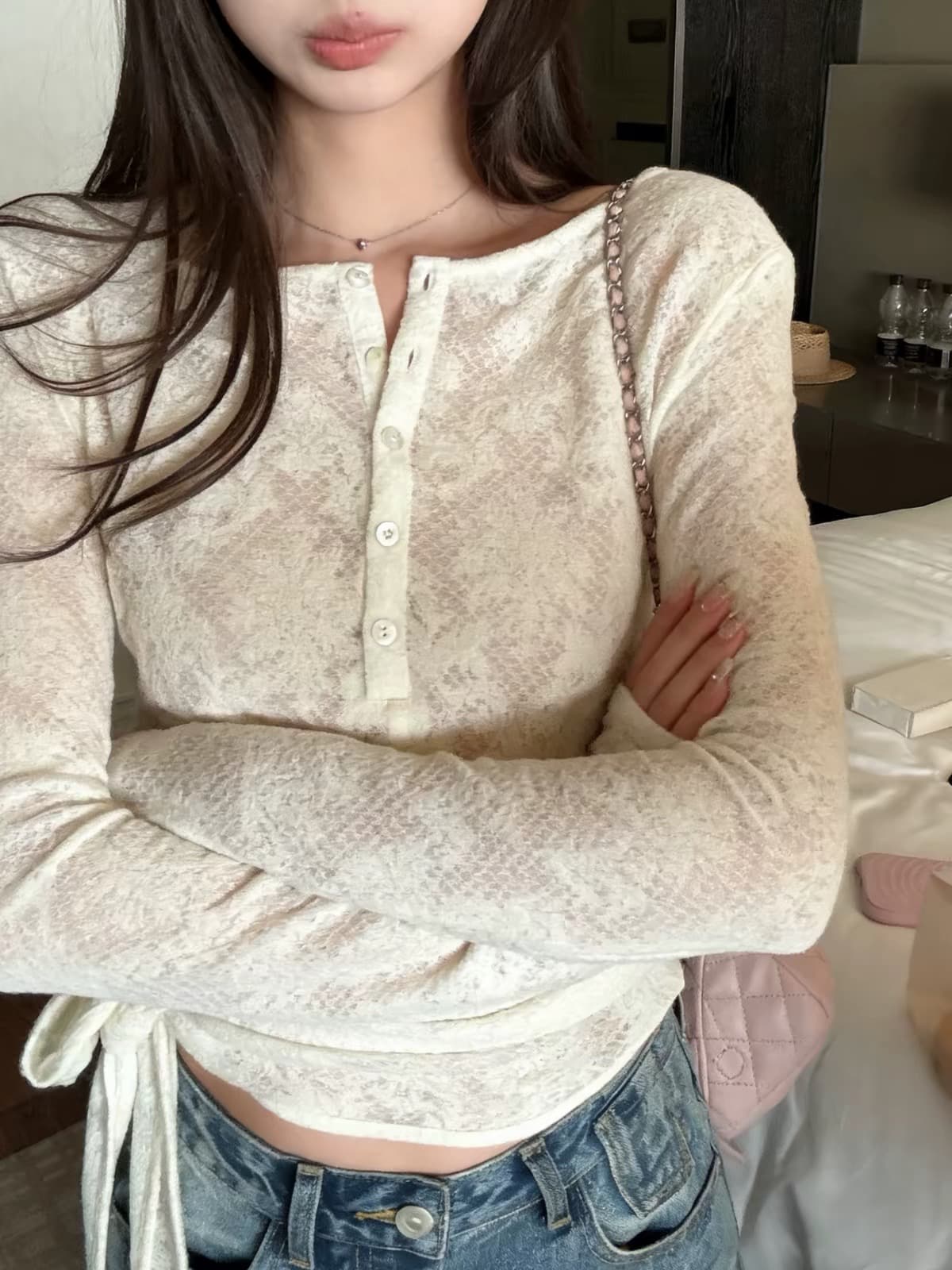 한 부서 이른 봄 슈퍼 잘 생긴 ~ 중 스트랩 레이스 맨위 여성 2026 봄 새로운 긴팔 작은 셔츠 디자인 센스 작은 대중 상세 이미지 5