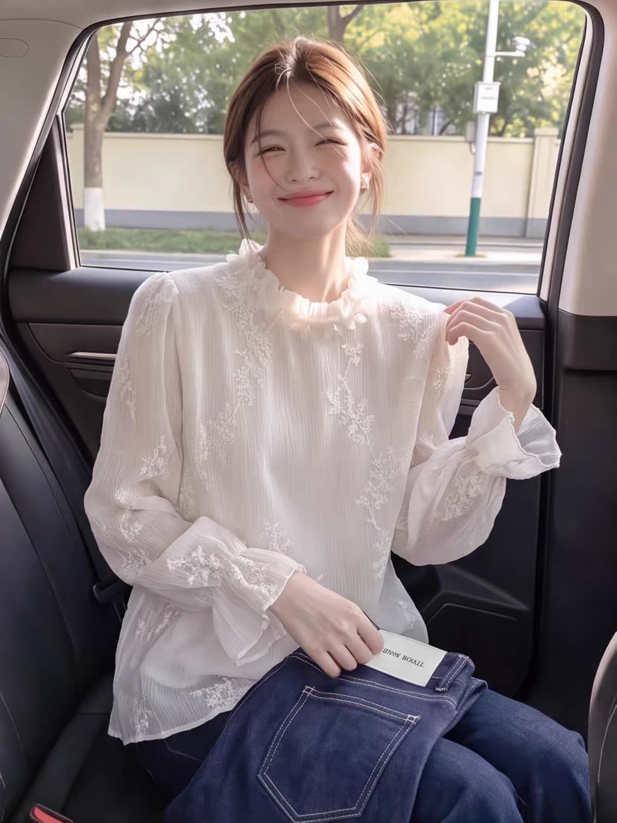 2026 가을 부드러운 바람 자수 여성 셔츠 프릴 비즈 박기 거품 소매 요정 가스 루즈핏 긴팔 작은 셔츠 맨위 상세 이미지 1