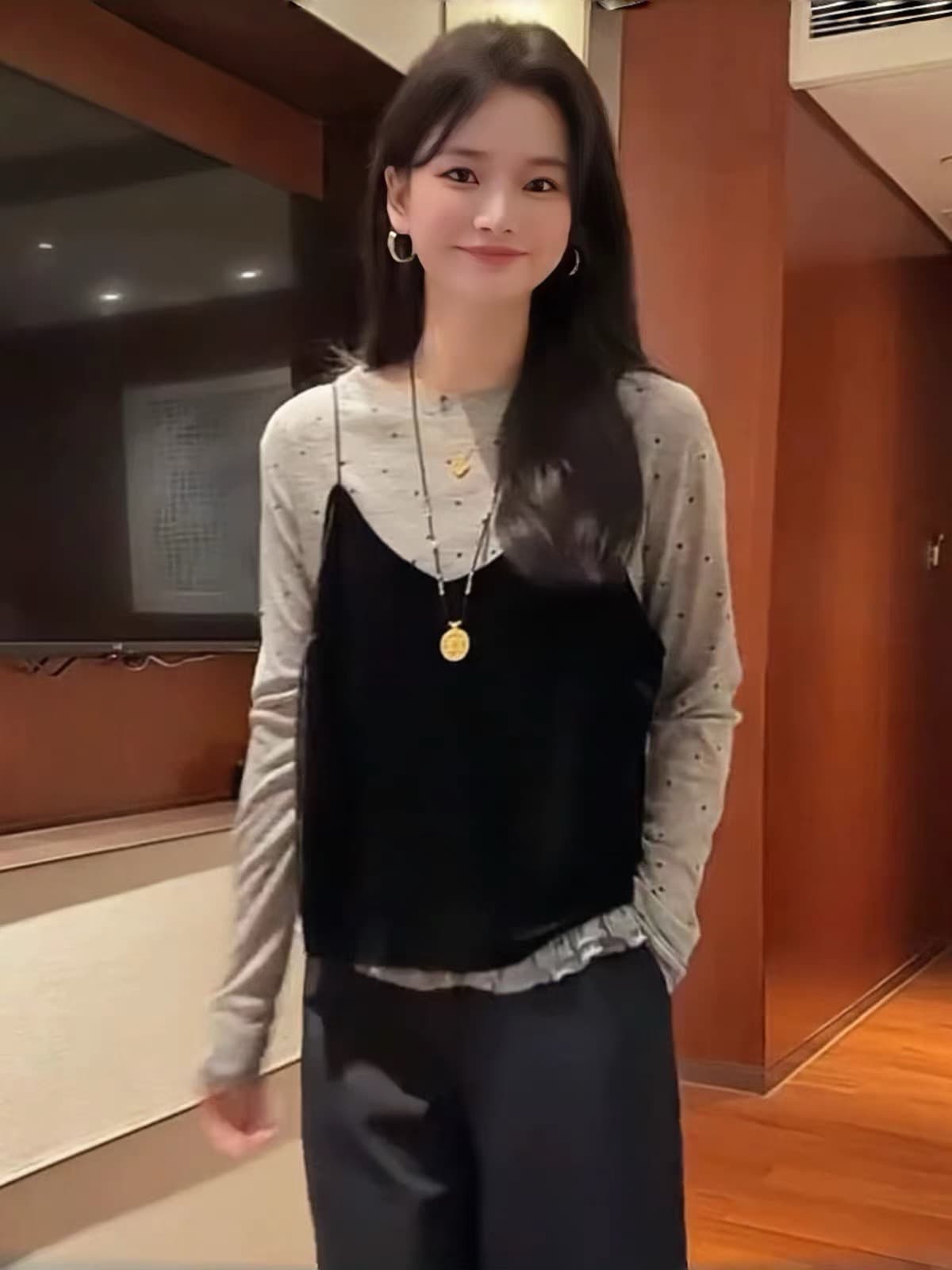자이언트 잘 생긴 가을 세트 한 부서 패션 연령 감소 벨벳 슬립 도트 무늬 레이스 긴팔 만나는 맨위 투피스 세트 상세 이미지 1
