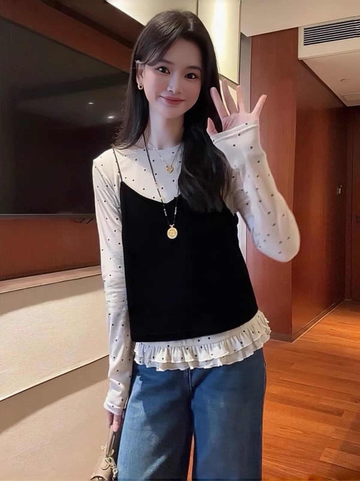 자이언트 잘 생긴 가을 세트 한 부서 패션 연령 감소 벨벳 슬립 도트 무늬 레이스 긴팔 만나는 맨위 투피스 세트 상세 이미지 2
