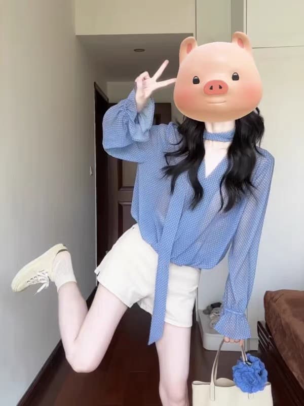 프랑스식 품격 파란색 도트 무늬 레이스업 긴팔 여성 셔츠 조기 가을 새로운 한 부서 루즈핏 슬림해 보이는 얇은 스타일 맨위 이미지 2