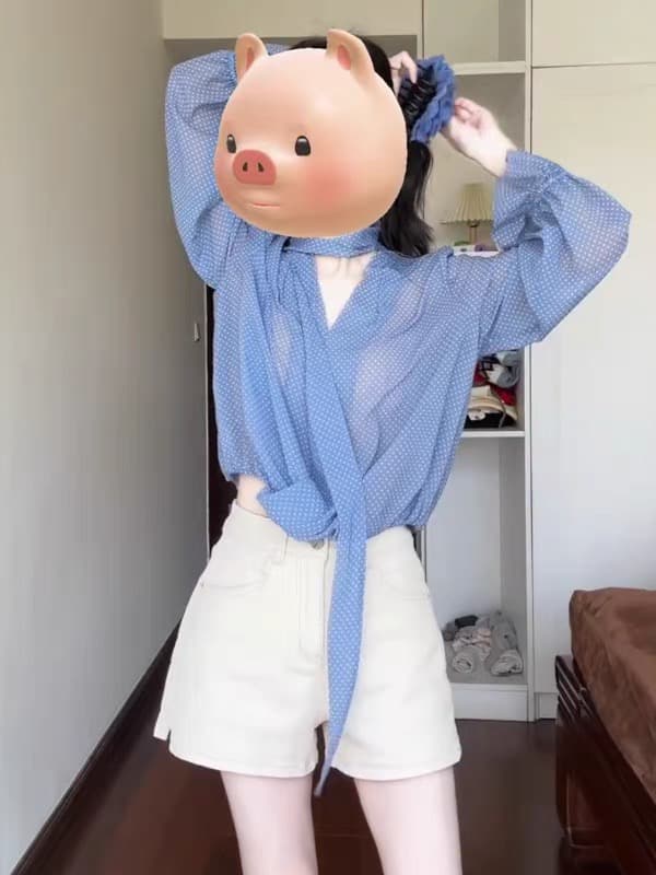 프랑스식 품격 파란색 도트 무늬 레이스업 긴팔 여성 셔츠 조기 가을 새로운 한 부서 루즈핏 슬림해 보이는 얇은 스타일 맨위 이미지 4