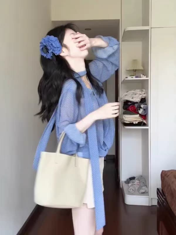 프랑스식 품격 파란색 도트 무늬 레이스업 긴팔 여성 셔츠 조기 가을 새로운 한 부서 루즈핏 슬림해 보이는 얇은 스타일 맨위 상세 이미지 2