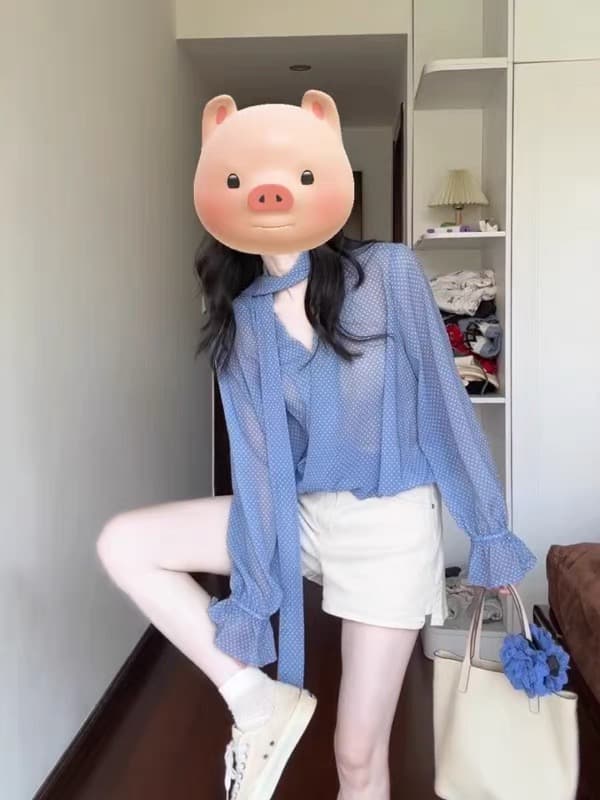 프랑스식 품격 파란색 도트 무늬 레이스업 긴팔 여성 셔츠 조기 가을 새로운 한 부서 루즈핏 슬림해 보이는 얇은 스타일 맨위 상세 이미지 3