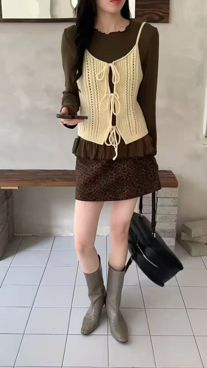 한국 스타일 니트 스웨터 조끼 슬립 레이스업 티셔츠 기본 셔츠 프릴 투피스 슈트 배색 여성 학원 스타일 새로운 이미지 3