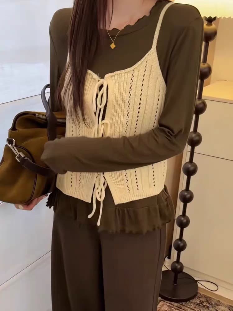 한국 스타일 니트 스웨터 조끼 슬립 레이스업 티셔츠 기본 셔츠 프릴 투피스 슈트 배색 여성 학원 스타일 새로운 이미지 4
