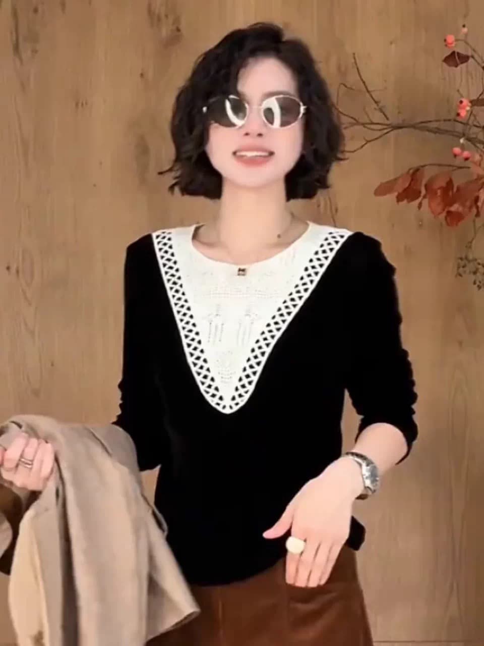 프랑스식 작은 샤넬 스타일 품격 우아함 레이스 조각 벨벳 맨위 여성 가을 겨울 새로운 고급 센스 Chic 기본 셔츠 이미지 2