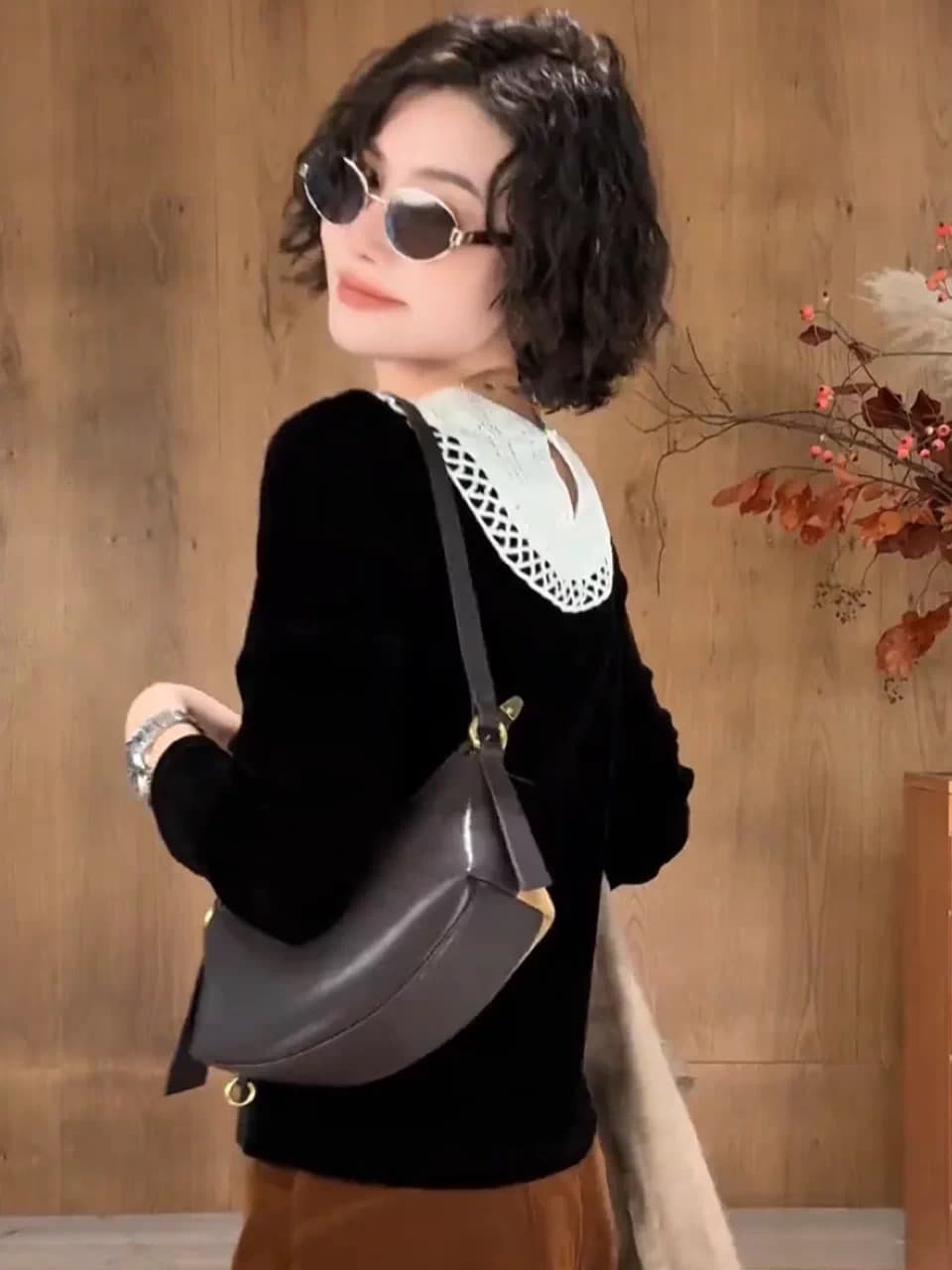 프랑스식 작은 샤넬 스타일 품격 우아함 레이스 조각 벨벳 맨위 여성 가을 겨울 새로운 고급 센스 Chic 기본 셔츠 이미지 5