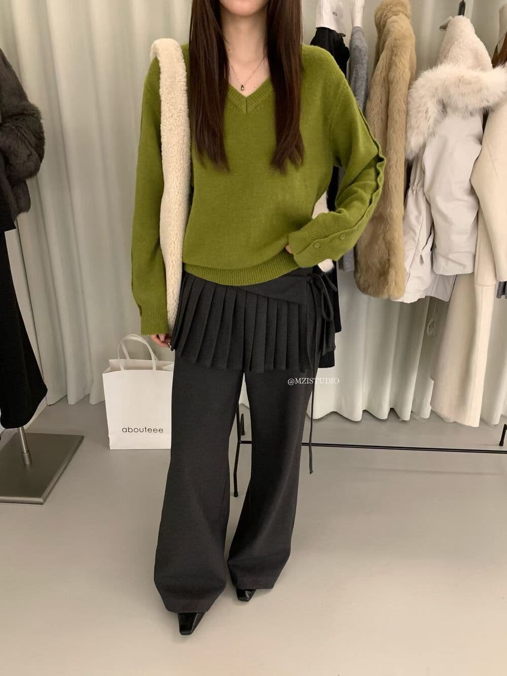 mzi 한 센스 플리츠 랩스커트팬츠 바지 레이스업 슈퍼 소녀 센스 털이 있는 넓은 다리 캐주얼 바지 경기 탈착식 랩스커트팬츠