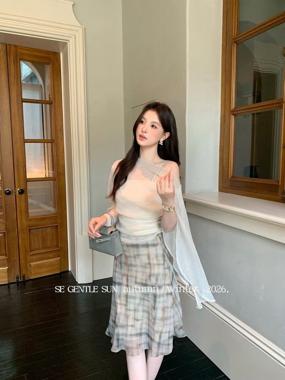 분위기 센스 망사 이른 가을 새로운 루즈핏 슬림해 보이는 배트윙 소매 비스듬한 진자 숄 페이크 레이어드 맨위 슬립 작은 셔츠 상세 이미지 2