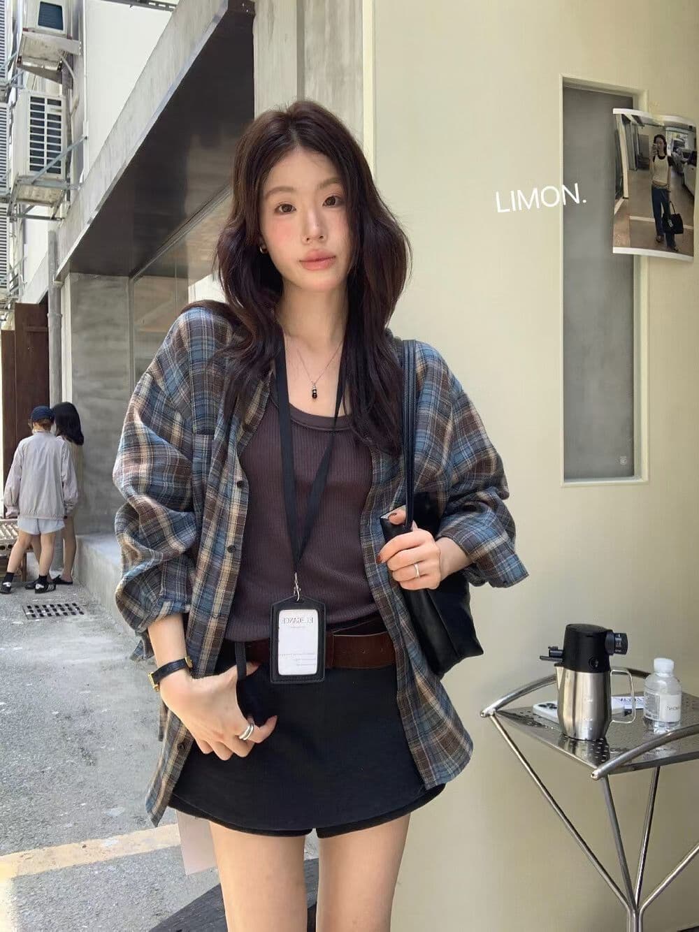 the limon 레몬 녹차 26 이른 가을 한 부서 레트로 느긋한 체크무늬 루즈핏 슬림해 보이는 셔츠 여성 셔츠 이미지 4