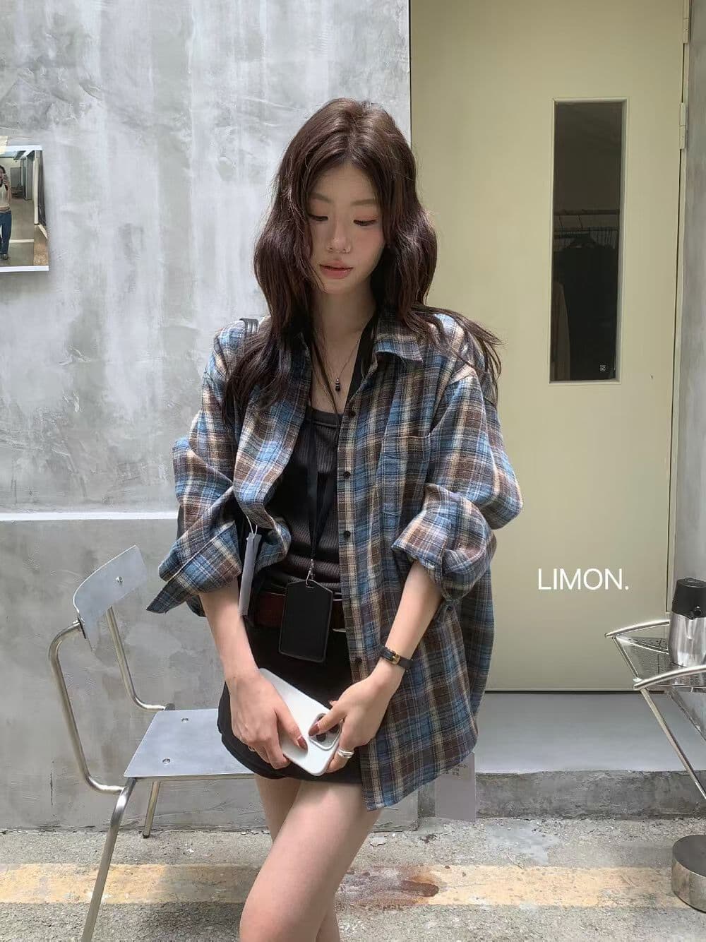 the limon 레몬 녹차 26 이른 가을 한 부서 레트로 느긋한 체크무늬 루즈핏 슬림해 보이는 셔츠 여성 셔츠 상세 이미지 1