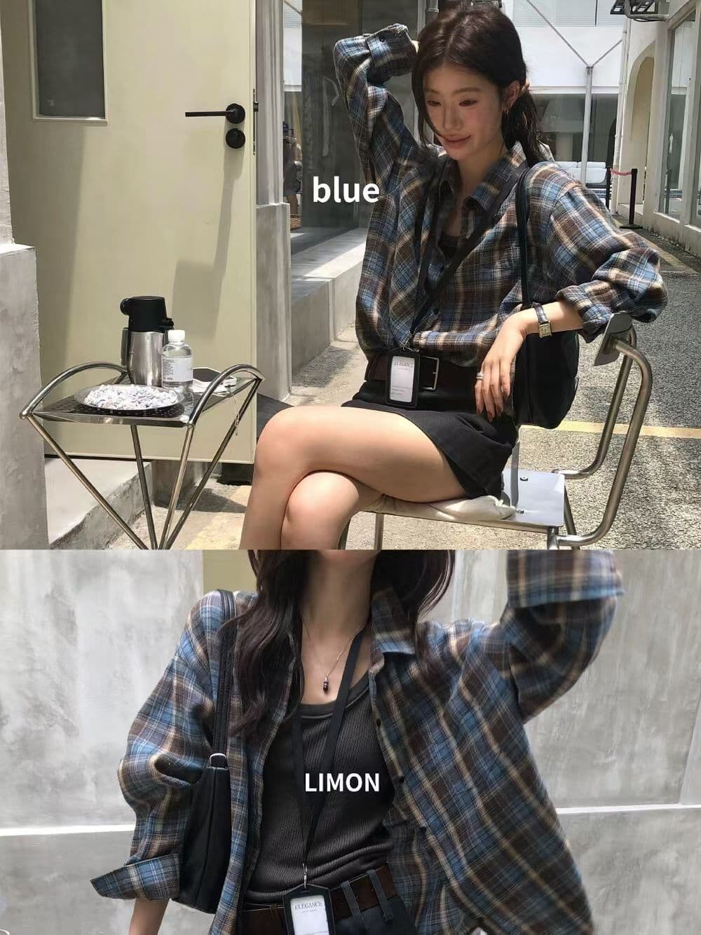 the limon 레몬 녹차 26 이른 가을 한 부서 레트로 느긋한 체크무늬 루즈핏 슬림해 보이는 셔츠 여성 셔츠 상세 이미지 2