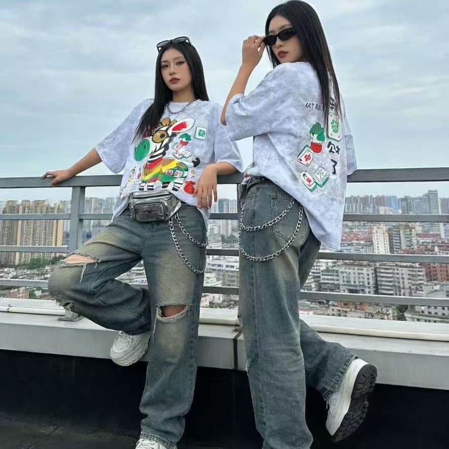차가운 핫걸 전후 프린트 빅 사이즈 티셔츠 2026 봄 아모이 ins 조수 브랜드 한 일본식 ootd 패션 홀치기 염색 순면 이미지 5