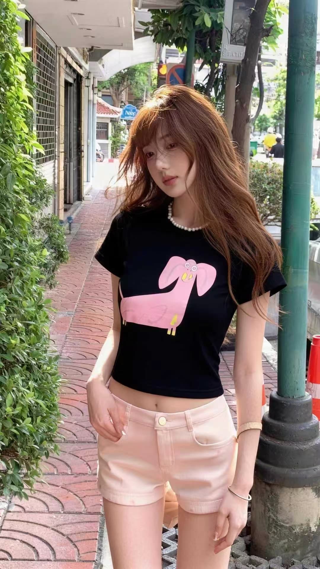 달콤함 귀여운 소녀 연령 감소 패션 2026 봄 아모이 ins 조수 브랜드 한 일본식 ootd 쇼트 스타일 강아지 티셔츠 바람의 소리 상세 이미지 4