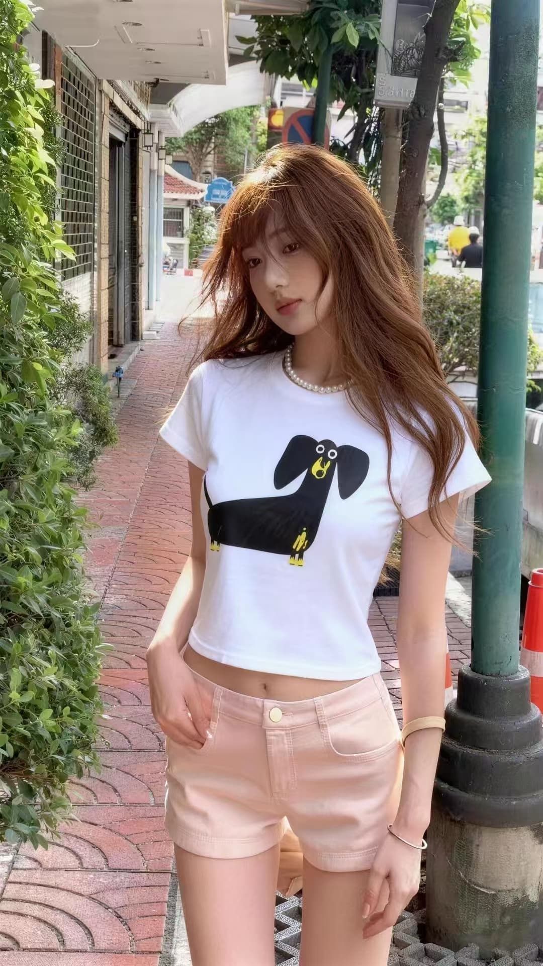 달콤함 귀여운 소녀 연령 감소 패션 2026 봄 아모이 ins 조수 브랜드 한 일본식 ootd 쇼트 스타일 강아지 티셔츠 바람의 소리 상세 이미지 11