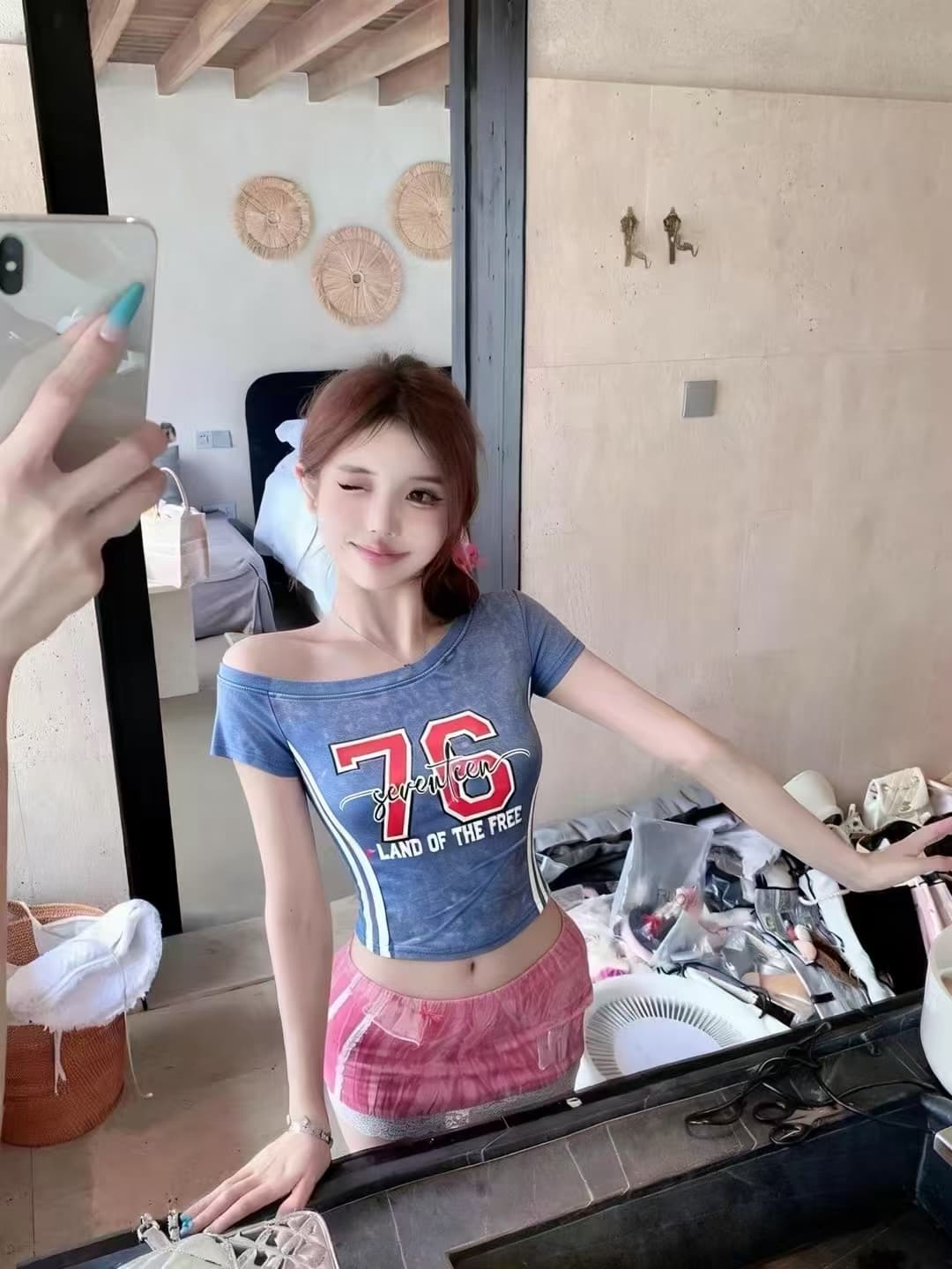 워시 물 데님 마 오래된 76 비스듬한 칼라 오프숄더 한 단어 당겨서 측면 슬림해 보이는 2026 봄 아모이 ins 조수 브랜드 한 일본식 otd 상세 이미지 8