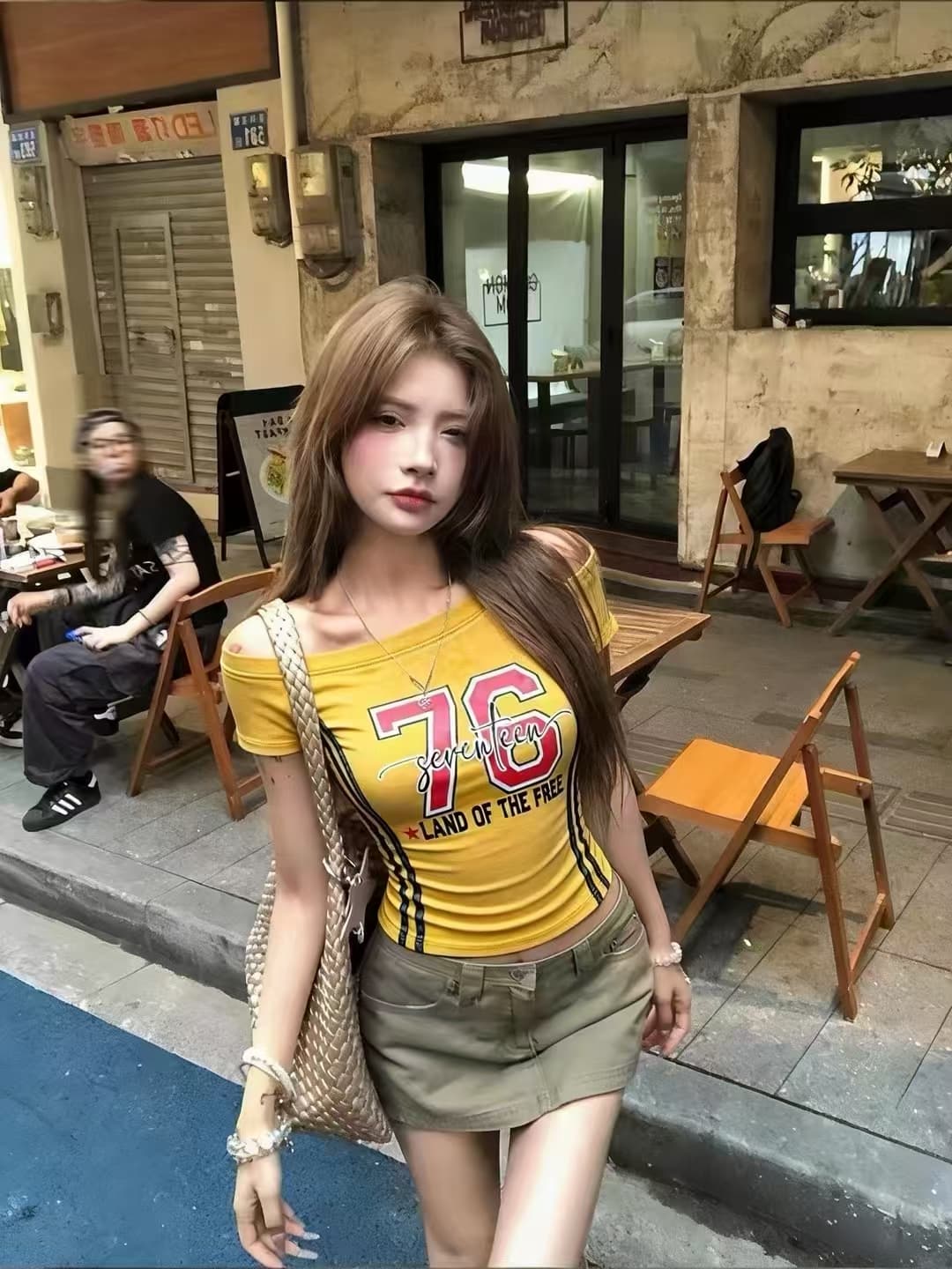 워시 물 데님 마 오래된 76 비스듬한 칼라 오프숄더 한 단어 당겨서 측면 슬림해 보이는 2026 봄 아모이 ins 조수 브랜드 한 일본식 otd 상세 이미지 11