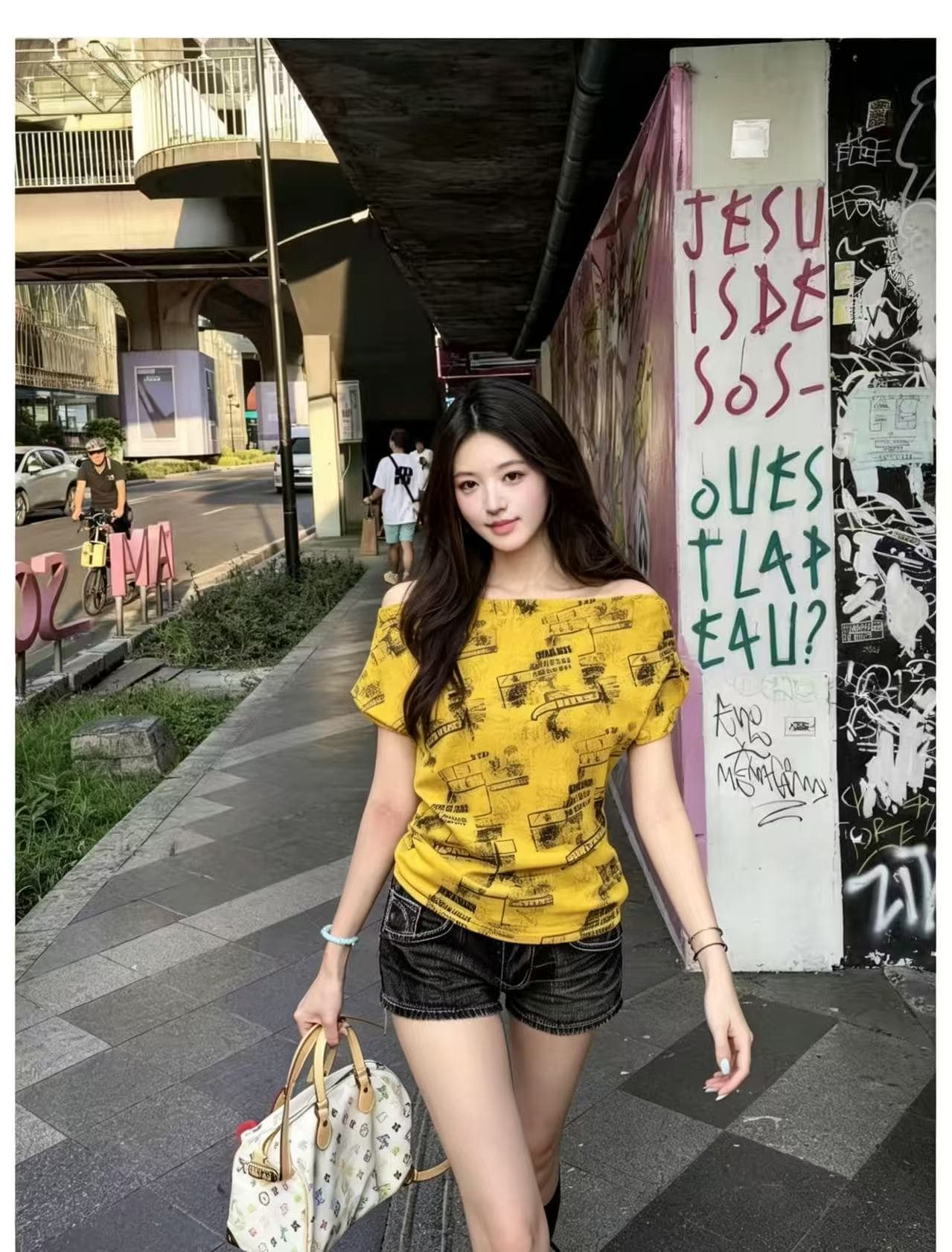 차가운 핫걸 천년기 록 펑크 아메리칸 거리 다크 2026 봄 아모이 ins 트렌디 비스듬한 어깨 측면 보트넥 티셔츠 상세 이미지 9