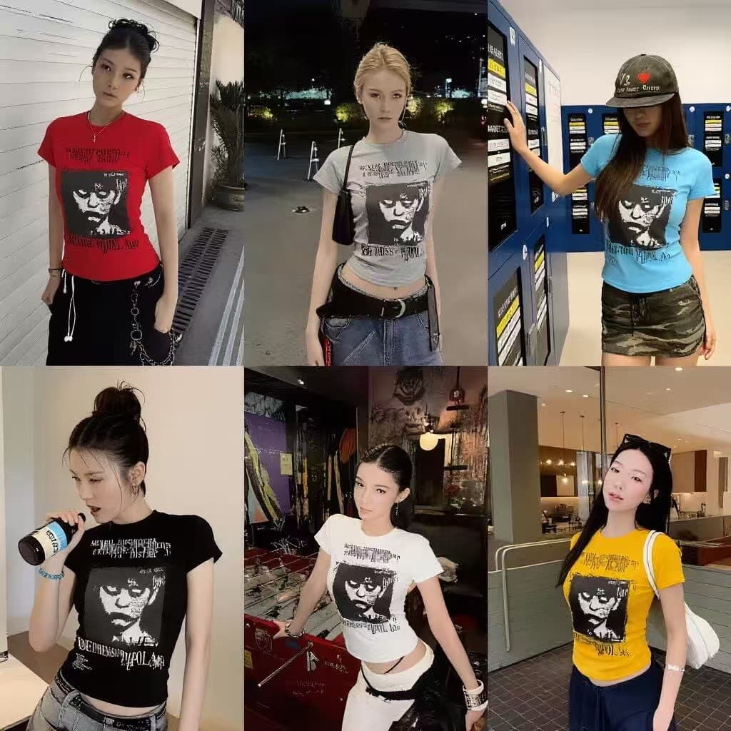 차가운 핫걸 도파민 사탕 색상 프린트 2026 아모이 ins 트렌디 패션 한일 ootd 펑크 록 바람의 소리 t 상세 이미지 2