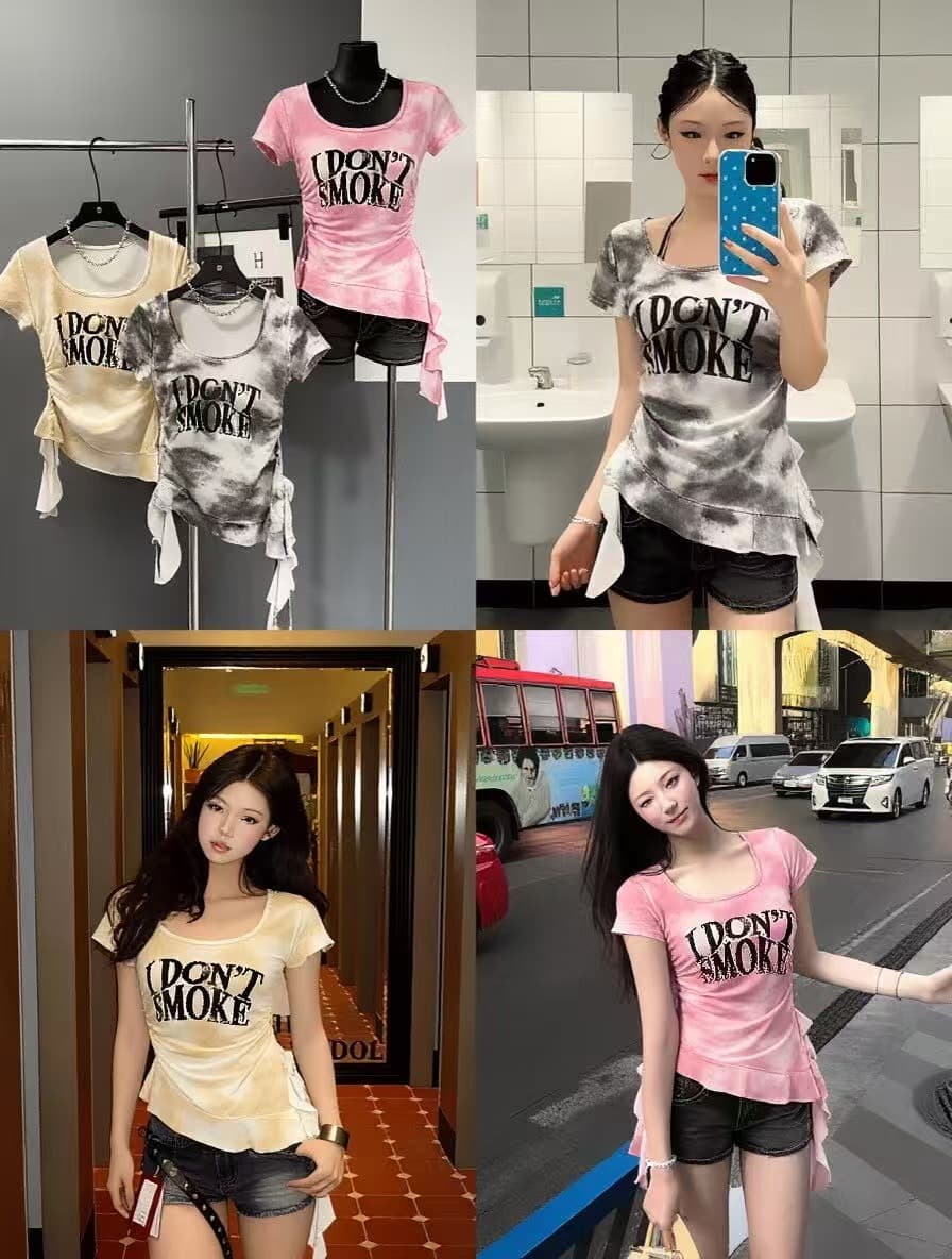헤일로 염색 불규칙 개성 프릴 디자인 센스 2026 봄 아모이 ins 트렌디 한일 ootd 소녀 연령 감소 티셔츠 상세 이미지 1