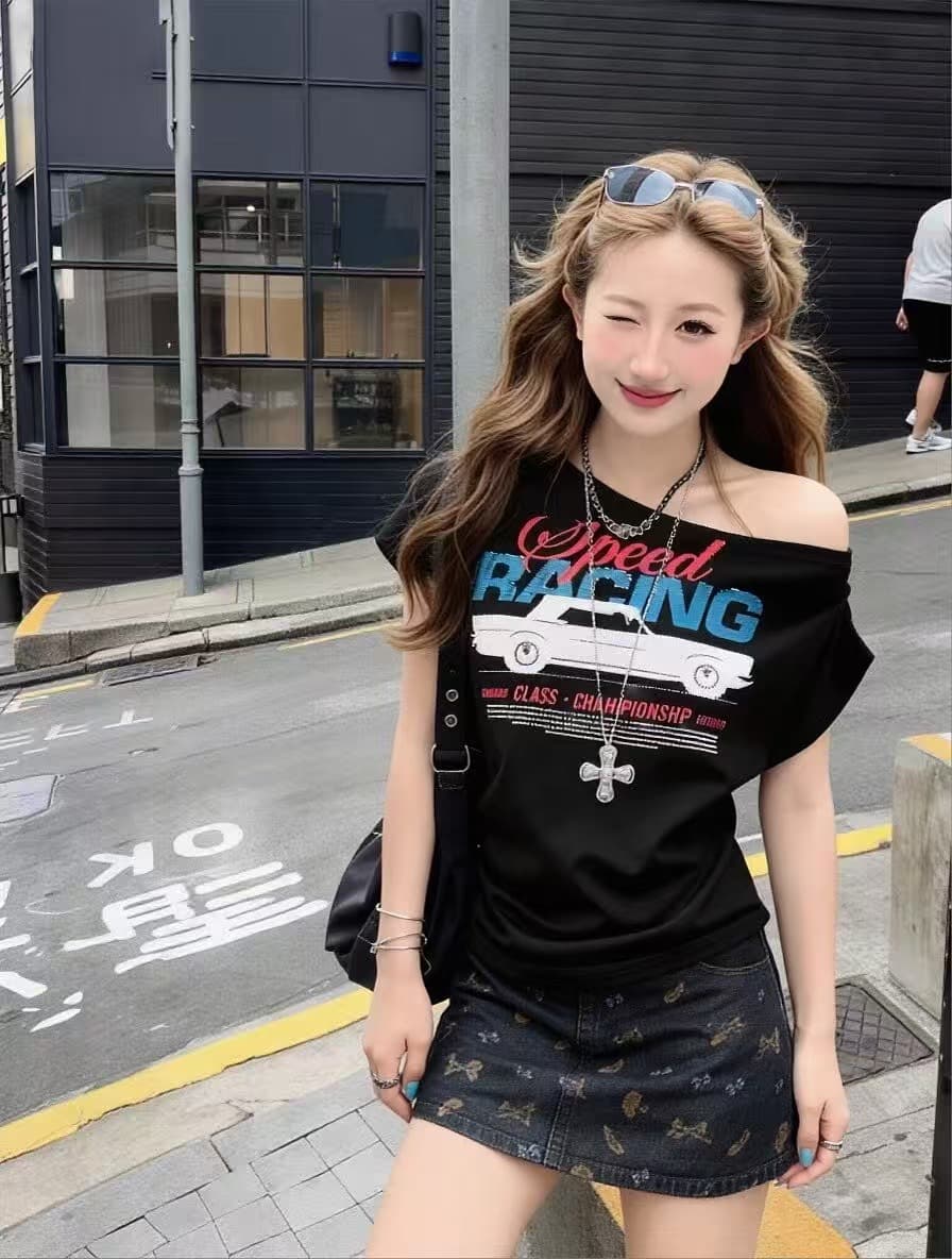 아메리칸 레트로 레이싱 프린트 ins 오프숄더 티셔츠 루즈핏 오프숄더 차가운 핫걸 2026 새로운 슬림해 보이는 한일 ootd 이미지 4