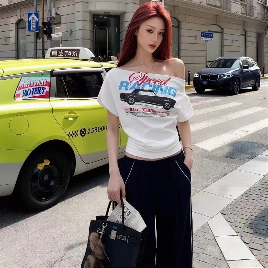 아메리칸 레트로 레이싱 프린트 ins 오프숄더 티셔츠 루즈핏 오프숄더 차가운 핫걸 2026 새로운 슬림해 보이는 한일 ootd 이미지 5